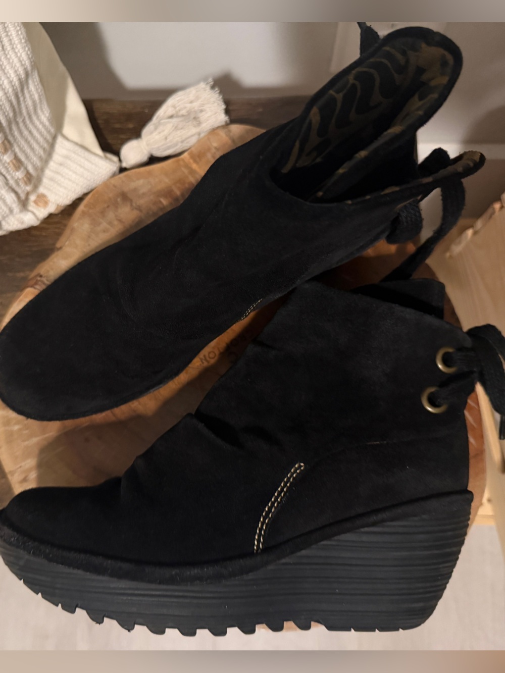 Fly London Yama Black Suede Wedge Ankle Booties with Funky Back Ties